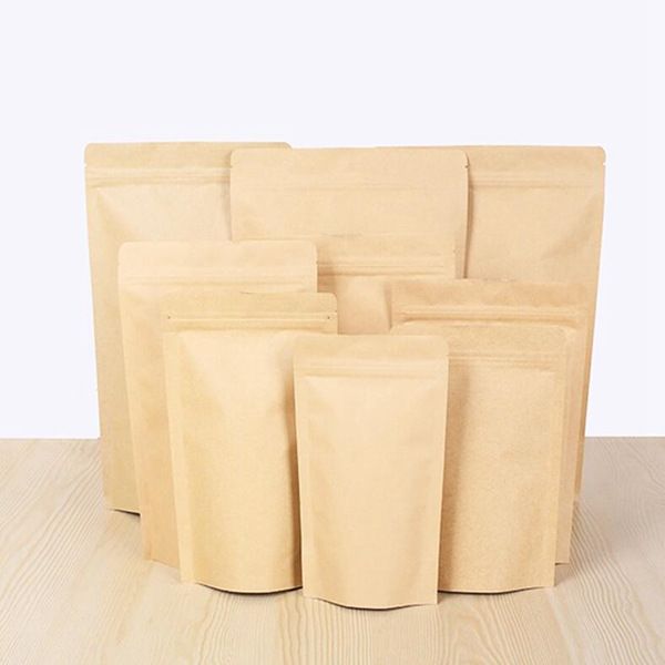 1000 piezas de bolsa de aluminización Kraft marrón, bolsa de papel de aluminio de papel kraft de pie que se puede volver a sellar Zip Lock Grip seal Food Grade al por mayor DHL