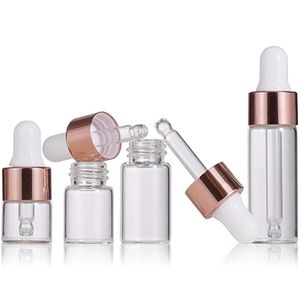 1000 stks Clear Glass Essential Oil Sample Fles Parfum Injectieflacons Vloeibare Cosmetische Containers Oogdruppelder Flessen met Rose Gold Deksels