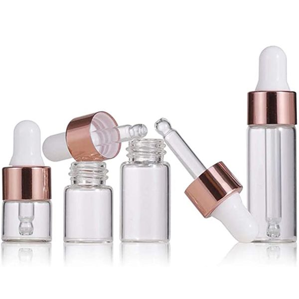 Bouteilles d'échantillon d'huile essentielle en verre transparent, flacons de parfum, conteneurs cosmétiques liquides, compte-gouttes pour les yeux avec couvercles en or Rose, 1000 pièces