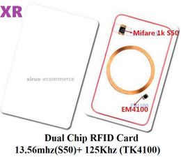 1000 stks Dual Chip Passive PVC-kaart 13.56MHz + 125KHZ TK4100 KAART HF + LF-kaart voor toegangscontrole
