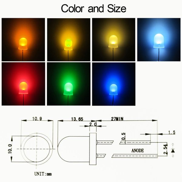 Freeshipping 1000PCS LED 10mm LED DIODO amarillo 10MM Diodos emisores superiores redondos Ultra brillante Super brillante LED Lámpara Bombilla Electrónica