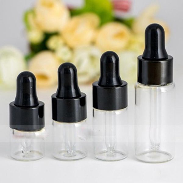 1000 unids/lote 1ml 2ml 3ml 5ml Mini botella de vidrio rellenable vacía transparente cuentagotas botellas de muestra de Perfume con tapa de oro negro