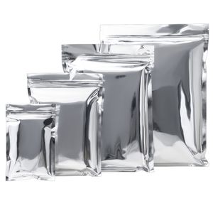 1000 stks / partij Glanzend Zilver Aluminium Folie Mylar Zipper Lock Bag Flat Resealable Packaging Pouch met rits voor voedsel thee opbergpakket
