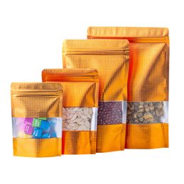 1000 unids/lote, bolsas ZipLock de papel de aluminio en relieve doradas con ventana, bolsa de plástico de lámina de Mylar, bolsita de nueces, cremallera que se puede volver a cerrar