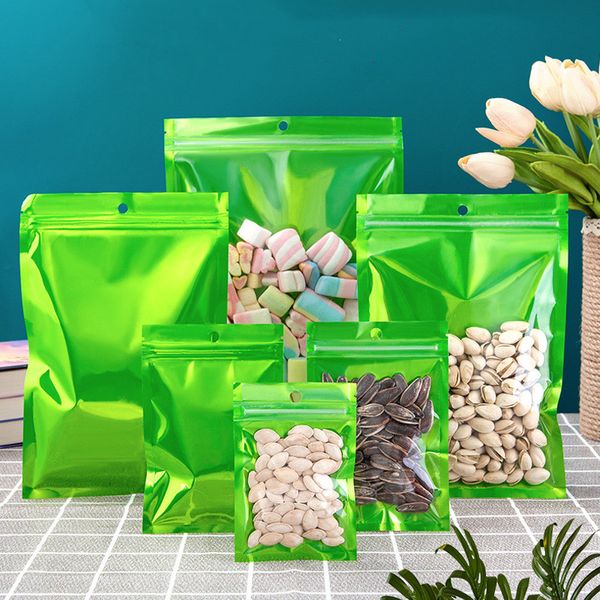 1000 unids/lote bolsa de papel de aluminio Ziplock plana a prueba de olores resellable verde bolsa de embalaje con orificio frontal transparente para almacenamiento de alimentos