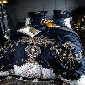 1000TC coton égyptien bleu violet ensemble de literie de luxe reine roi taille ensemble de draps broderie housse de couette parure de lit adulte 201120