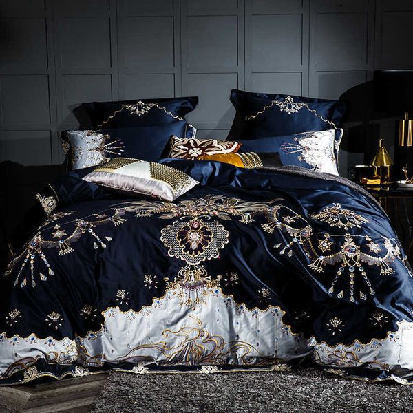 1000TC coton égyptien bleu violet literie de luxe queen king size drap de lit broderie housse de couette parure de lit adulte 210721