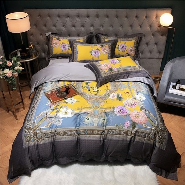 1000TC Algodón egipcio Juego de cama de lujo Vintage Floral Birds print Funda nórdica Juego de sábanas Funda de almohada Queen King Size 4Pcs 201021