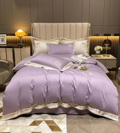 1000TC Egyptian Cotton Luxury Royal Couleur solide Couleur de literie Queen King Size Purple broderie QuiltDuvet Cover Lit Détage en lin PI5545675