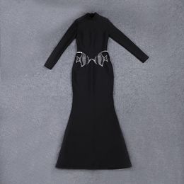 10061 L 2024 Runway-jurk Lente zomerjurk Bandagejurk Ronde hals met lange mouwen Zwart Merk dezelfde stijl Damesjurk Mode Hoge kwaliteit mefei
