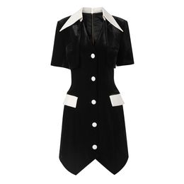 10063 XL 2024 Vestido de pasarela de Milán Primavera Solapa Cuello Manga corta Media pantorrilla Negro Marca Mismo estilo Vestido para mujer Moda Alta calidad Oushali