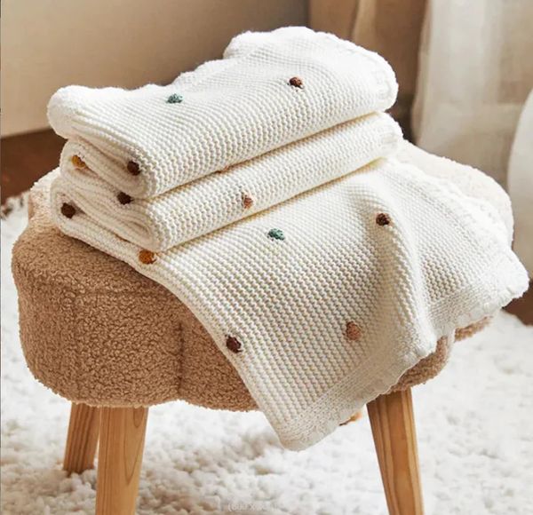 Couvertures tricotées pour canapé, 10070cm, pompon nordique, tapisserie douce pour bébé né, lange d'emmaillotage, couverture de poussette, 240313