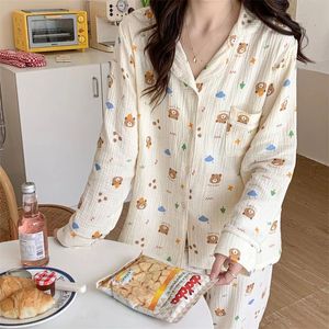 100 Katoen Gaas Pyjama voor Vrouwen Koreaanse Lange Nachtkleding Beer Print Pijamas Pyjama Mouw 2 Stuk Vrouwelijke Set Drop 231226