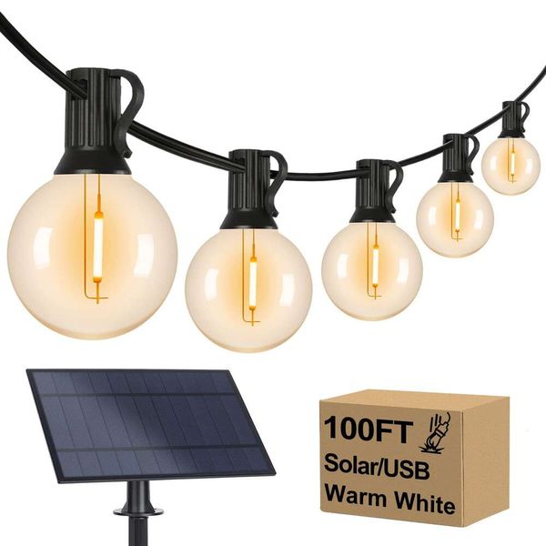 Guirlande d'extérieur globe G40 de 30 m avec 52 ampoules LED étanches E12, lampes de terrasse incassables 2700 K, lampes suspendues à énergie solaire pour porche, jardin, pergola