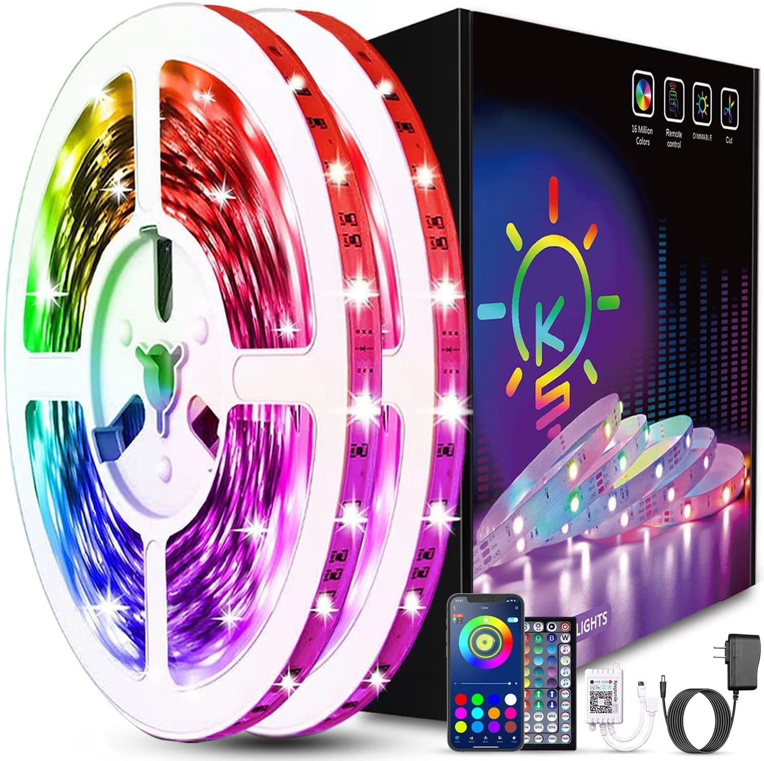 100ft Led Strip Lights for Bedroom KS Smart APP Music Sync 5050 RGB Color Changing Strip-Lights with DIY Remote for Home Decoration TV Parties and Fstivals