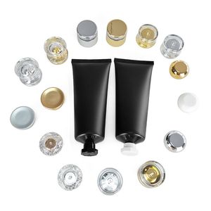 Tuyau à presser noir givré, bouteille cosmétique rechargeable de voyage, nettoyant pour le visage, Tubes en plastique d'extrusion avec capuchon doré, 100g