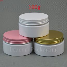 Tarro de crema PET blanco vacío de 100 g x 50 con tapa de rosca de aluminio de oro rosa, contenedor recargable de perfumes sólidos de 100 cc de alta calidad