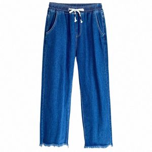 100kg Printemps Automne Plus Taille Jeans Femme Fi Bleu Gland Jambe Ong Casual Large Jambe Droite Denim Pantalon 1609 v9Qw #