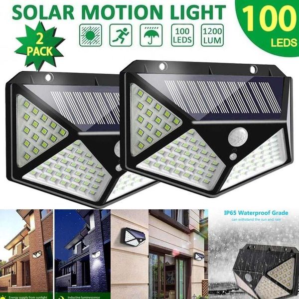 100LED luces solares 2200mah al aire libre IP65 impermeable Sensor de movimiento luces de pared con 3 modos para patio escaleras garaje cerca porche