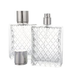 100m Clear cuadrado Carrilable Perfume vacío Aceites esenciales Botella de spray 3.4 oz Rectángulo de la cuadrícula Atomizador de viaje de vidrio de vidrio Fragancia Atomizador de niebla fina