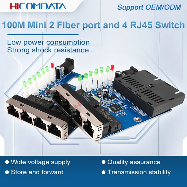 HICOMDATA 100M Mini 2 ports fibre et 4 commutateurs RJ45 commutateur Ethernet PCBA PCBA 2 fibres 4 RJ45 Ethernet convertisseur de média fibre optique