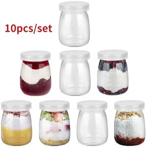 100 ml 10 pièces Mini pots de yaourt tasses de pouding en verre avec couvercles PE conteneurs Pot idéal pour les gelées de lait miel épices Mousse 240304