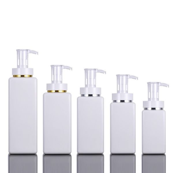 Botella de plástico blanca de 100ml, 200ml, 300ml, botellas de loción corporal de suero cuadradas de alta gama, subbotella de bomba de gel de ducha