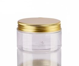 100 ml 200 ml PET transparente Tarros de crema de plástico Latas de almacenamiento Botella redonda con tapas de aluminio dorado para loción cosmética mascarilla de barro bálsamo labial SN133