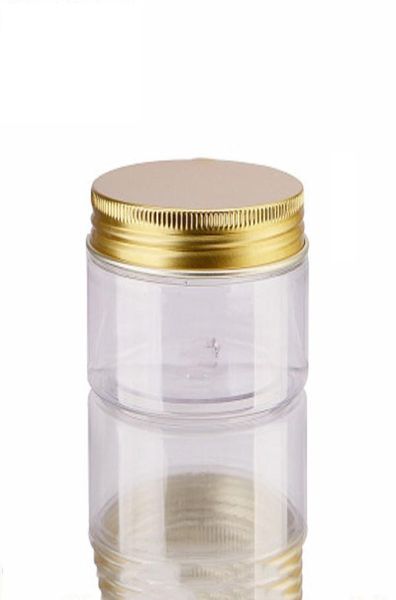 100 ml de 200 ml de frascos de plástico PET transparente botella redonda con tapas de aluminio dorado para la loción crema de la mascarilla de barro Balm de labios4203672