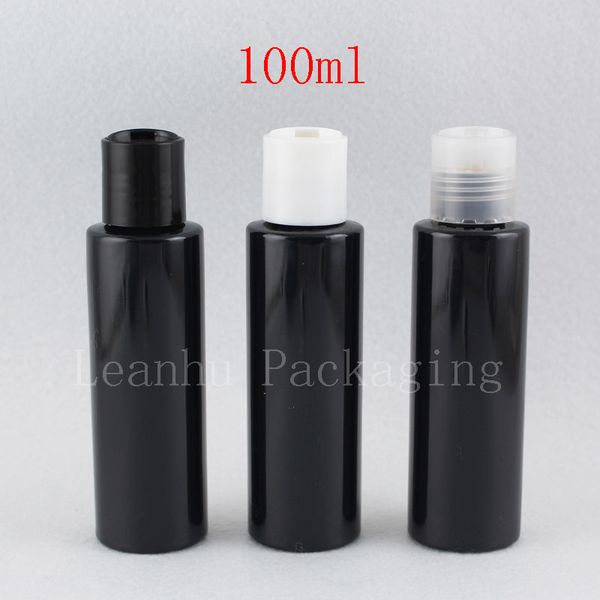 Bouteilles cosmétiques vides noires en plastique de 100ml, bouchon supérieur à disque, conteneurs pour Lotion en PET de 100cc, bouteilles de savon liquide en plastique, shampoing