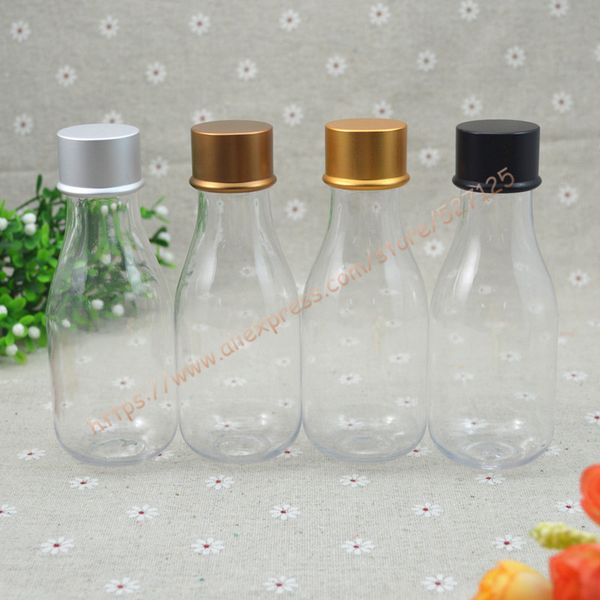 Bouteille PET transparente en forme de poire de 100 ml avec couvercle à vis en aluminium de nombreuses couleurs. Huile essentielle/liquide/hydratant/récipient d'eau pour le visage