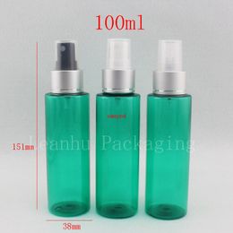 Contenedores de botellas con bomba de pulverización de cuello de aluminio plateado de 100 ml, botella de plástico verde vacía de 100 cc de alta calidad, paquete de 50 unids/lote