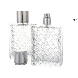 Rejillas cuadradas de 100 ml Botellas de perfume talladas Vidrio transparente Vacío Recargable atomizador de niebla fina Atomizadores portátiles Fragancia RRE10821