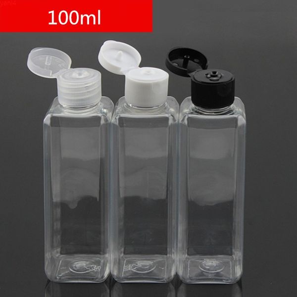 Botella de plástico con tapa abatible transparente/azul cuadrada de 100 ml, botella pequeña vacía de 3,5 OZ, 50 uds./lote de artículos