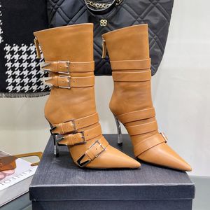 100 mm puntige teen Stiletto Boots Lambskskin Leather Fashion Zip Half Boot Belt Belters Designers Motorfiets Bootjes Classic Luxury Shoe voor damesfabriek schoenen