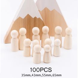 100 st (35mm, 43mm, 55mm, 65mm) houten peg poppen handgemaakte diy houten leeg home decor jongen meisje pop onvoltooide mini hout poppen T200330