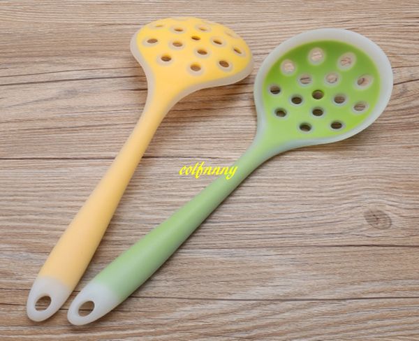 100 pc / lot 28.5 * 9 cm Filtre À Aliments Silicone Cuillère Filtre À Huile Longue Poignée Suspendu De Cuisson Pot Chaud Soupe Louche Cuisine Outil