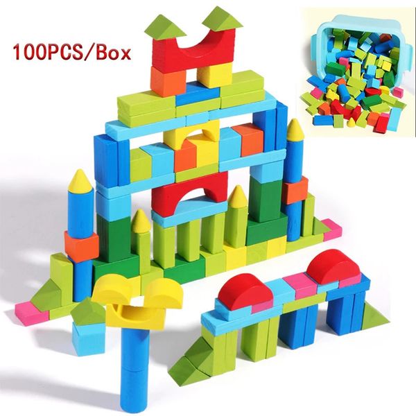 100pc jouets en bois pour enfants blocs de construction ensemble avec boîte de rangement assemblé début éducatif enfants 240110