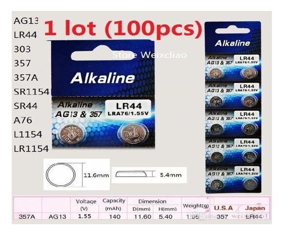 100 Uds 1 lote de baterías AG13 LR44 303 357 357A SR1154 SR44 A76 L1154 LR1154 155V pila de botón alcalina coin8451468