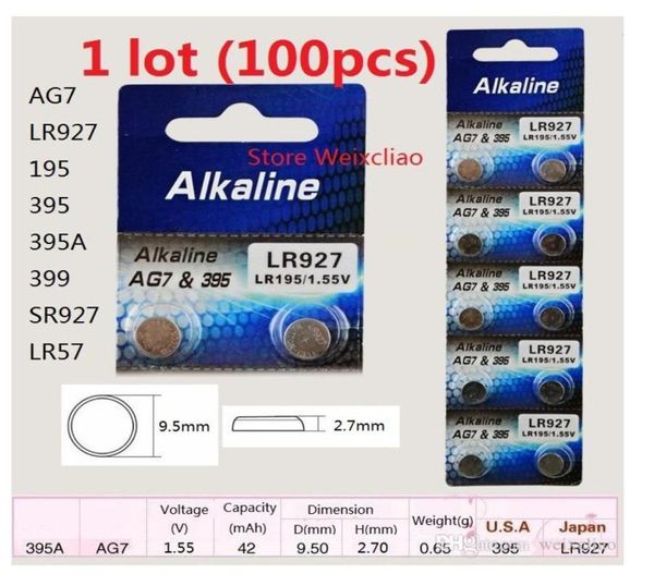 100 Uds 1 lote de baterías AG7 LR927 195 395 395A 399 SR927 LR57 155V pila de botón alcalina coin4684212