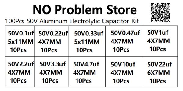 Kit de valeur 100pcs 10 50v 0,1uf-22uf Package de condensateurs électrolytiques pour arduino 0,1uf 0,22uf 0,33uf 0,47uf 1uf 2.2uf 3.3.uf 4.7uf