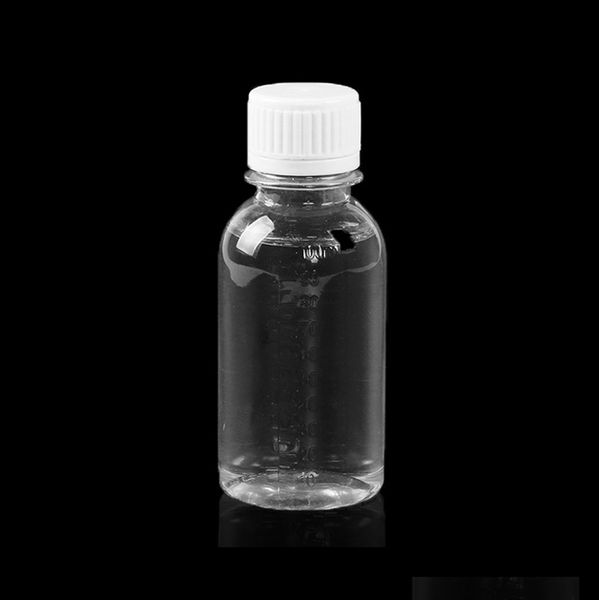 100 pièces 100 ml PET bouteille avec échelle sur le corps, bouteille de liquide en plastique de couleur transparente, bouteilles de pilules --- bouchon à vis de sécurité