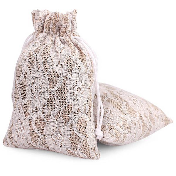 100pcs 10cmx14cm toile de jute et dentelle sac de faveur pochette de jute cordon emballage cadeau tissu styles rustiques paquet sac porte-bonbons fournitures de fête