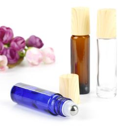 100 stks 10ml Clear Blue Amber Essential Oil Lege Parfum Flessen Roller Bal Dikke Glazen Roll op fles met houtnerf GLB SN2187