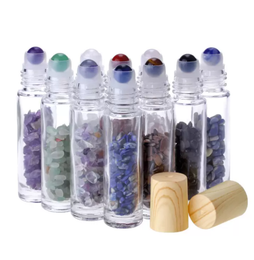 100 pcs 10 ml Diffuseur d'huiles essentielles en verre transparent Roll on Flacons de parfum avec cristal naturel concassé Pierre de quartz Crystal Roller Ball Wood Grain Cap