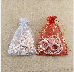 100pcs 13x18cm Sacs à cordon en organza Pochettes à bijoux, Flocons de neige Sheer Candy Chocolate Party Christmas Wedding Favor Gift Bags,