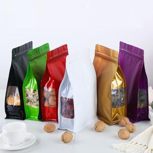 100 piezas 16 * 24 cm Bolsa de paquete con cremallera de papel de aluminio de pie colorido con cerradura de ventana lateral transparente Bolsa de Mylar autosellable para almacenamiento de nueces, té, dulces y chocolate