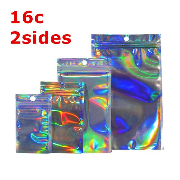 100pcs 16c sacs d'emballage holographiques refermables Mylar sac plusieurs tailles anti-odeur clair Zip alimentaire bonbons stockage paquet sacs A12