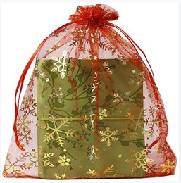 100 stks 17 * 23 cm kerst organza zakjes 17x23 cm, sneeuwvlokken pure organza geschenkzakjes met trekkoord sieraden zakjes voor snoep make-up items verpakking