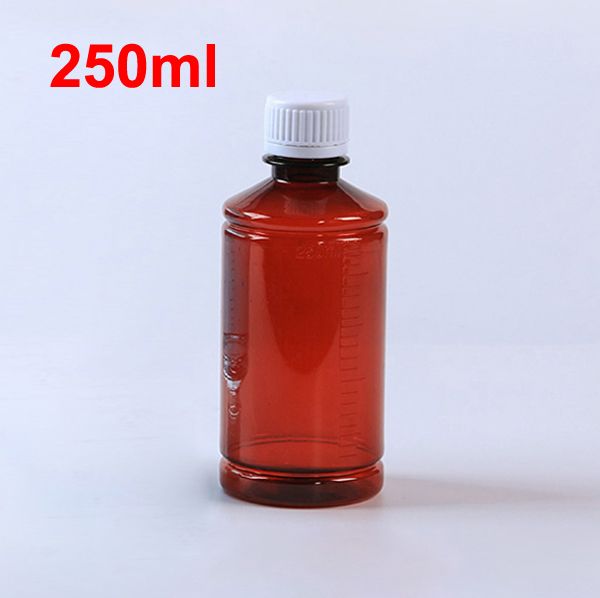 100pcs 250 ml de bouteilles pour animaux de compagnie avec échelle sur le corps, bouteille de médecine, bouteille d'emballage en plastique --- couleur marron avec capuchon de sécurité